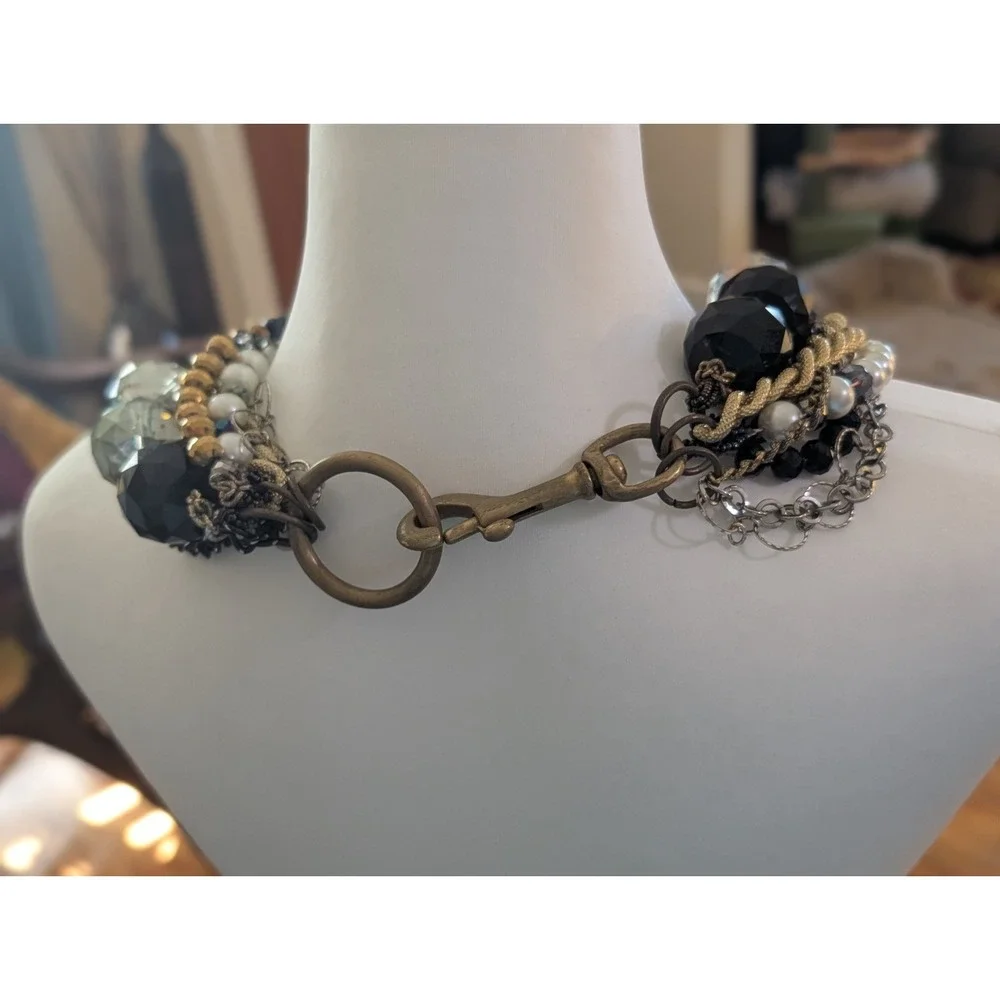 Morfina & Stone Designer Statement Necklace Chunky Mixed Chain Black Faceted...